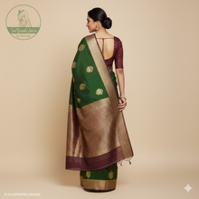 Load image into Gallery viewer, Banaras Georgette Saree with Paisley Buttis all over with Contrast Border,Paluu and Blouse- Dark Green
