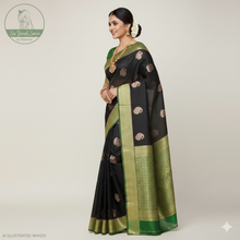 Load image into Gallery viewer, Banaras Georgette Saree with Paisley Buttis all over with Contrast Border,Paluu and Blouse- Black
