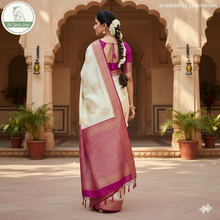 Load image into Gallery viewer, Banaras Georgette Saree with Paisley Buttis all over with Contrast Border,Paluu and Blouse-Off White
