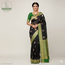 Load image into Gallery viewer, Banaras Georgette Saree with Paisley Buttis all over with Contrast Border,Paluu and Blouse- Black
