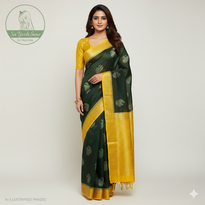 Banaras Georgette Saree with Paisley Buttis all over with Contrast Border,Paluu and Blouse- Bottle Green