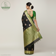 Load image into Gallery viewer, Banaras Georgette Saree with Paisley Buttis all over with Contrast Border,Paluu and Blouse- Black
