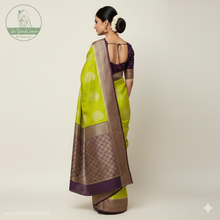 Load image into Gallery viewer, Banaras Georgette Saree with Paisley Buttis all over with Contrast Border,Paluu and Blouse- Mehendi
