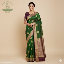 Load image into Gallery viewer, Banaras Georgette Saree with Paisley Buttis all over with Contrast Border,Paluu and Blouse- Dark Green
