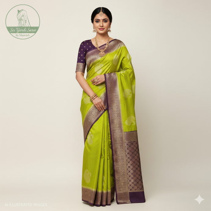 Banaras Georgette Saree with Paisley Buttis all over with Contrast Border,Paluu and Blouse- Mehendi