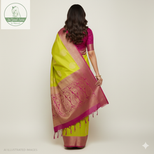 Load image into Gallery viewer, Banaras Georgette Saree with Paisley Buttis all over with Contrast Border,Paluu and Blouse- Lime Green
