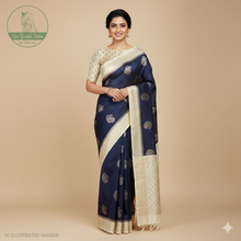 Load image into Gallery viewer, Banaras Georgette Saree with Paisley Buttis all over with Contrast Border,Pallu and Blouse- Navy Blue

