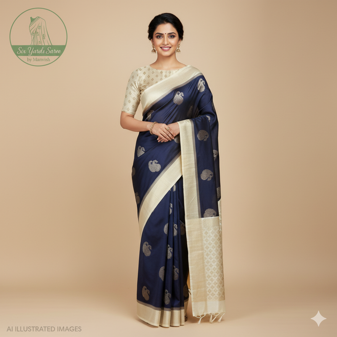 Banaras Georgette Saree with Paisley Buttis all over with Contrast Border,Pallu and Blouse- Navy Blue