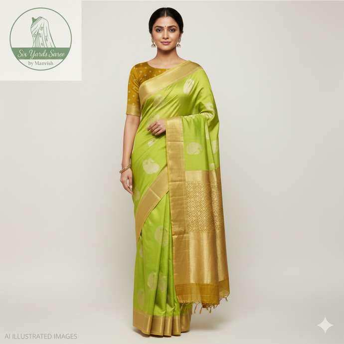 Banaras Georgette Saree with Paisley Buttis all over with Contrast Border,Pallu and Blouse- Light Green