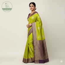 Load image into Gallery viewer, Banaras Georgette Saree with Paisley Buttis all over with Contrast Border,Paluu and Blouse- Mehendi
