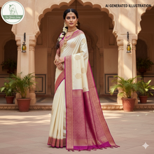 Load image into Gallery viewer, Banaras Georgette Saree with Paisley Buttis all over with Contrast Border,Paluu and Blouse-Off White
