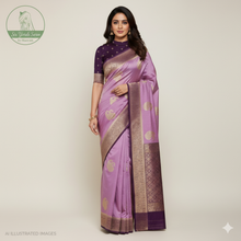 Load image into Gallery viewer, Banaras Georgette Saree with Paisley Buttis all over with Contrast Border,Paluu and Blouse- Onion Pink
