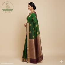 Load image into Gallery viewer, Banaras Georgette Saree with Paisley Buttis all over with Contrast Border,Paluu and Blouse- Dark Green
