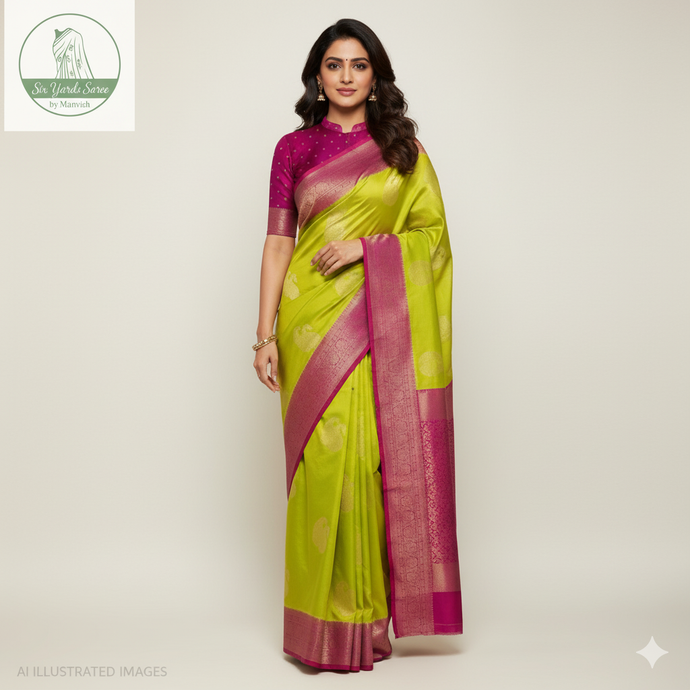 Banaras Georgette Saree with Paisley Buttis all over with Contrast Border,Paluu and Blouse- Lime Green