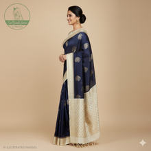 Load image into Gallery viewer, Banaras Georgette Saree with Paisley Buttis all over with Contrast Border,Pallu and Blouse- Navy Blue
