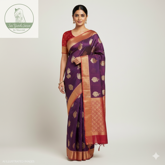 Banaras Georgette Saree with Paisley Buttis all over with Contrast Border,Pallu and Blouse-Maroon