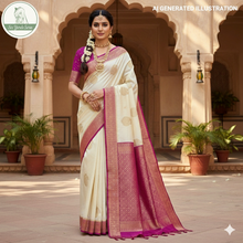 Load image into Gallery viewer, Banaras Georgette Saree with Paisley Buttis all over with Contrast Border,Paluu and Blouse-Off White

