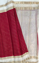 Load image into Gallery viewer, Semi Mysuru Crepe Striped Saree with Contrast Off-White Border and Off-White Bouse
