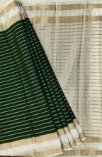 Load image into Gallery viewer, Semi Mysuru Crepe Striped Saree with Contrast Off-White Border and Off-White Bouse

