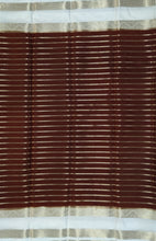 Load image into Gallery viewer, Semi Mysuru Crepe Striped Saree with Contrast Off-White Border and Off-White Bouse
