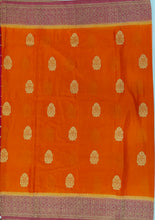 Load image into Gallery viewer, Banaras Chinnon Crepe Saree with Contrast Border,Pallu and Blouse.
