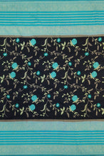 Load image into Gallery viewer, Banaras Crepe Saree with Kashmiri Thread work with Contrast Border,Pallu and Butti Blouse(Black-Sapphire combination)
