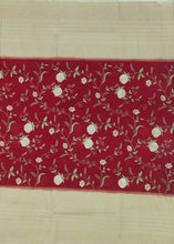 Load image into Gallery viewer, Banaras Crepe Saree with Kashmiri Thread work with Contrast Border,Pallu and Butti Blouse(Red-Off white combination)
