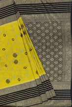Load image into Gallery viewer, Banaras Crepe Saree with Kashmiri Thread work with Contrast Border,Pallu and Butti Blouse(Mustard-Black combination) (Copy)
