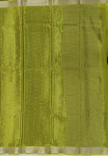 Load image into Gallery viewer, Banaras Crepe Saree with Thin Zari Stripes,Self Color Border,Paluu and Contrast Butti Blouse
