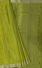 Load image into Gallery viewer, Banaras Crepe Saree with Thin Zari Stripes,Self Color Border,Paluu and Contrast Butti Blouse
