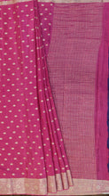 Load image into Gallery viewer, Banaras Crepe Saree with Thin Zari Stripes and Buttis,Self Color Border,Paluu and Contrast Butti Blouse-Rani color.
