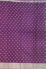 Load image into Gallery viewer, Banaras Crepe Saree with Thin Zari Stripes and Buttis,Self Color Border,Paluu and Contrast Butti Blouse-Wine color.
