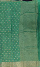 Load image into Gallery viewer, Banaras Crepe Saree with Thin Zari Stripes and Buttis,Self Color Border,Paluu and Contrast Butti Blouse-Light Green color.
