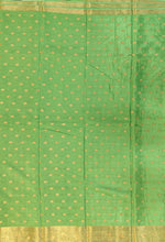 Load image into Gallery viewer, Banaras Crepe Saree with Thin Zari Stripes and Buttis,Self Color Border,Paluu and Contrast Butti Blouse-Light Green color.
