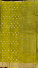 Load image into Gallery viewer, Banaras Crepe Saree with Thin Zari Stripes and Buttis,Self Color Border,Paluu and Contrast Butti Blouse-Lime Green color.
