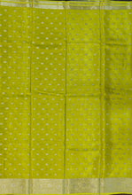 Load image into Gallery viewer, Banaras Crepe Saree with Thin Zari Stripes and Buttis,Self Color Border,Paluu and Contrast Butti Blouse-Lime Green color.
