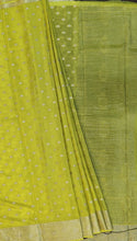 Load image into Gallery viewer, Banaras Crepe Saree with Thin Zari Stripes and Buttis,Self Color Border,Paluu and Contrast Butti Blouse-Lime Green color.
