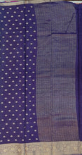 Load image into Gallery viewer, Banaras Crepe Saree with Thin Zari Stripes and Buttis,Self Color Border,Paluu and Contrast Butti Blouse-Navy Blue color.
