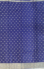 Load image into Gallery viewer, Banaras Crepe Saree with Thin Zari Stripes and Buttis,Self Color Border,Paluu and Contrast Butti Blouse-Navy Blue color.
