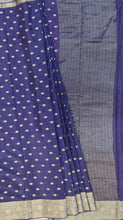 Load image into Gallery viewer, Banaras Crepe Saree with Thin Zari Stripes and Buttis,Self Color Border,Paluu and Contrast Butti Blouse-Navy Blue color.
