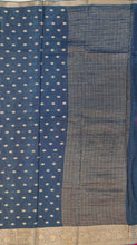 Load image into Gallery viewer, Banaras Crepe Saree with Thin Zari Stripes and Buttis,Self Color Border,Paluu and Contrast Butti Blouse-Petrol Blue color
