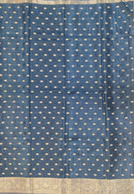 Load image into Gallery viewer, Banaras Crepe Saree with Thin Zari Stripes and Buttis,Self Color Border,Paluu and Contrast Butti Blouse-Petrol Blue color
