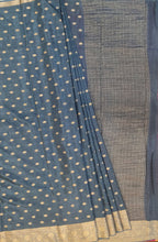 Load image into Gallery viewer, Banaras Crepe Saree with Thin Zari Stripes and Buttis,Self Color Border,Paluu and Contrast Butti Blouse-Petrol Blue color
