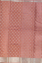Load image into Gallery viewer, Banaras Crepe Saree with Thin Zari Stripes and Buttis,Self Color Border,Paluu and Contrast Butti Blouse-Peach color
