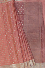 Load image into Gallery viewer, Banaras Crepe Saree with Thin Zari Stripes and Buttis,Self Color Border,Paluu and Contrast Butti Blouse-Peach color
