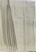 Load image into Gallery viewer, Designer Saree with Rice Stitch Embroidery on Crush Fabric-Light Green color
