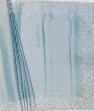 Load image into Gallery viewer, Designer Saree with Rice Stitch Embroidery on Crush Fabric-Blue color
