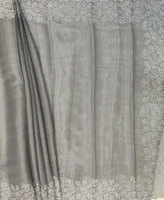 Load image into Gallery viewer, Designer Saree with Rice Stitch Embroidery on Crush Fabric-Grey color
