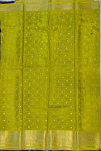 Load image into Gallery viewer, Banaras Crepe Saree with Thin Zari checks and Buttis,Self Color Border,Pallu and Contrast Butti Blouse.

