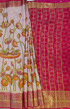 Load image into Gallery viewer, Semi Mysuru Crepe Saree with Kamalkari Printed Body,Contrast Border,Pallu and Blouse.
